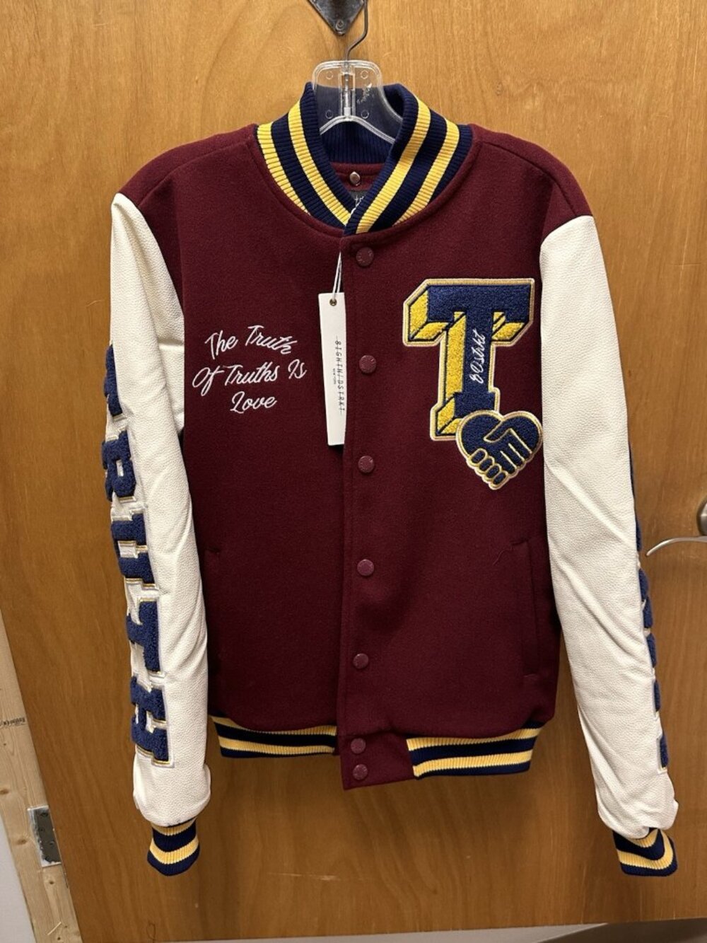 8ighth Dstrkt Varsity Jacket Men’s Small Maroon Leather Sleeve Embroidered